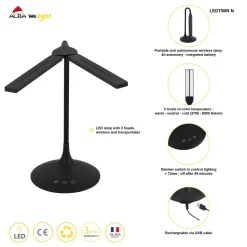 Alba LEDTWIN N Bureaulamp LED Zwart Batterij, USB 120 x 340 x 360 mm