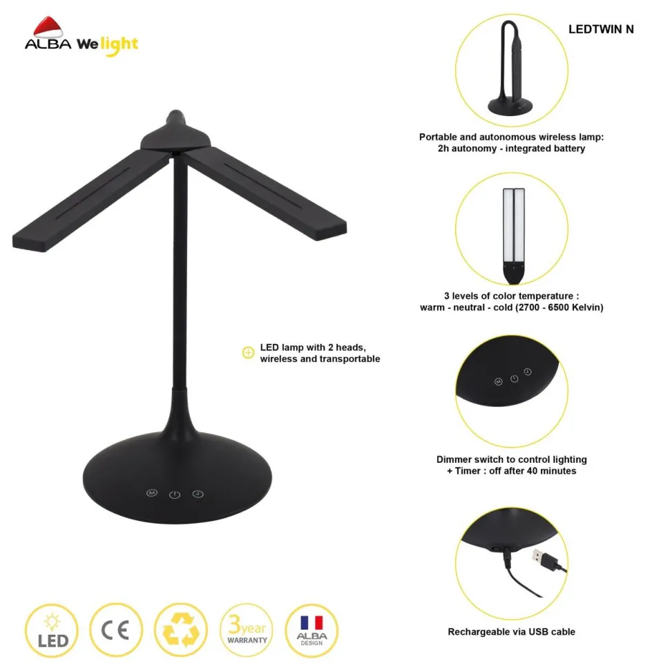 Alba LEDTWIN N Bureaulamp LED Zwart Batterij, USB 120 x 340 x 360 mm