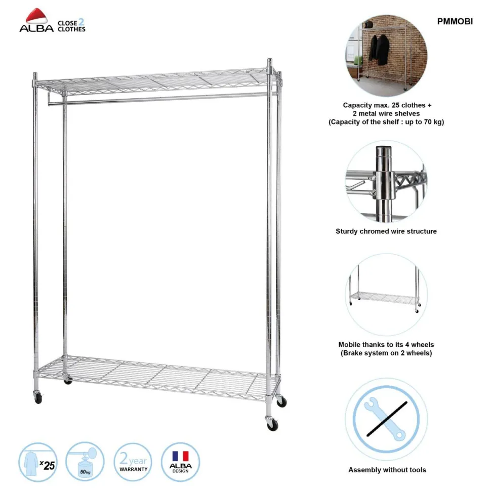 Alba Mobiele Kledingrek PMMOBI 30 x 890 x 1680 mm Chroom, metaal Zilver