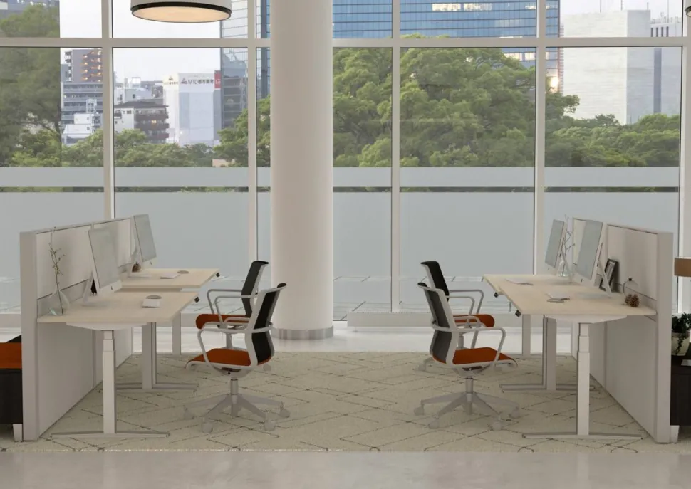 Ceha Adjust 2 Plus Elektrisch hoogteverstelbaar Zit-sta-bureau Rechthoekig Wit Eiken T-Voet 1,400 (B) x 800 (D) x 1,300 (H) mm Melamine, metaal