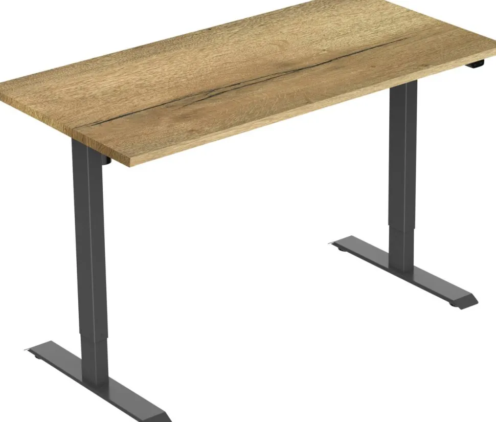 euroseats 1-Motor Zit-sta-bureau Rechthoekig Naturel Eiken T-Voet 1.600 (B) x 800 (D) x 1.235 (H) mm Metaal