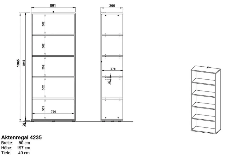 Germania boekenkast 4235-547 grafiet 800 mm (B) X 400 mm (D) X 1970 mm (H)