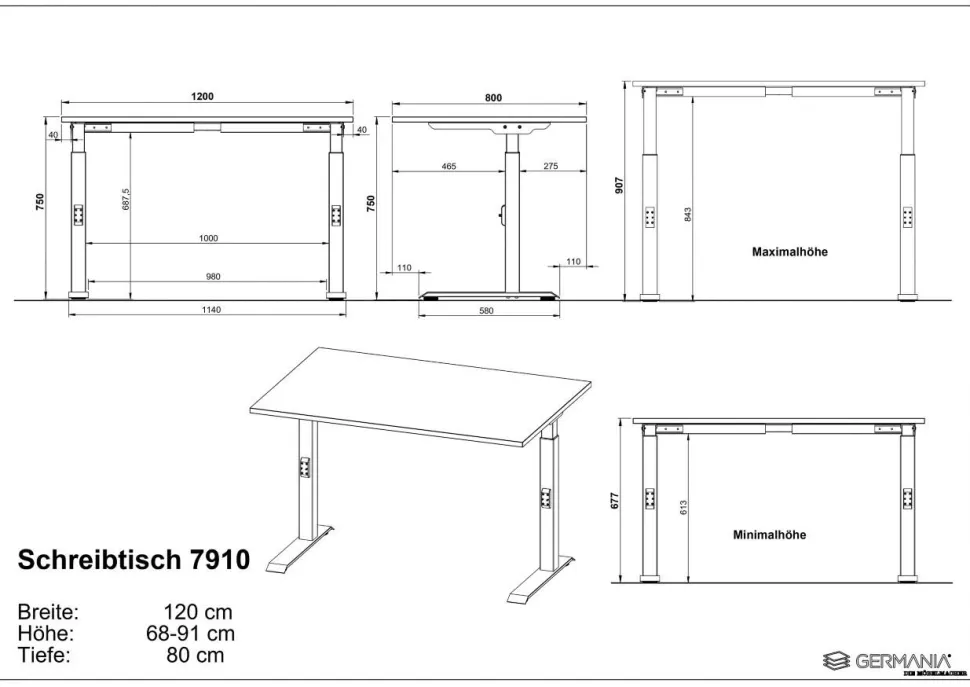 GERMANIA GW-Mailand Hoogteverstelbaar Bureau Grafiet C-Voet 1,200 (B) x 800 (D) x 910 (H) mm Spaanplaat, metaal