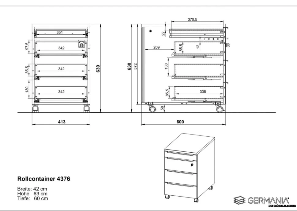 GERMANIA GW-Mailand Mobiel ladeblok Grafiet 4 Lades 420 x 600 x 630 mm