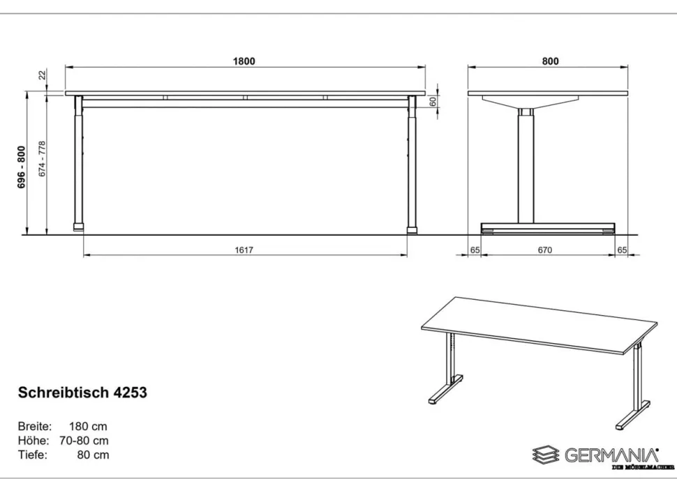 GERMANIA GW-Profi 2.0 Hoogteverstelbaar Bureau Rechthoekig Eiken Melamine Zwart 1.800 x 800 x 750 mm