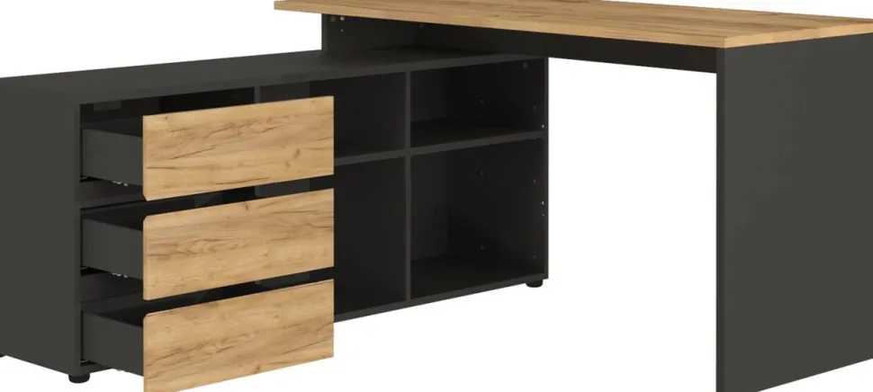 GERMANIA hoekbureau met geïntegreerd dressoir GW-Lissabon 4187-549 donkergrijs, lichtbruin, eiken 146 x 145 x 77 cm