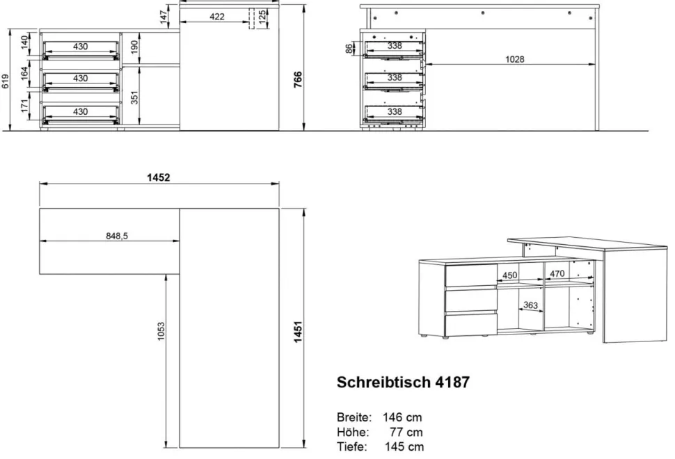 GERMANIA hoekbureau met geïntegreerd dressoir GW-Lissabon 4187-549 donkergrijs, lichtbruin, eiken 146 x 145 x 77 cm