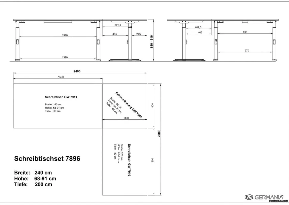GERMANIA Hoogteverstelbaar Hoekbureau Metaal, spaanplaat Wit C-Voet 2,400 x 2,000 x 910 mm