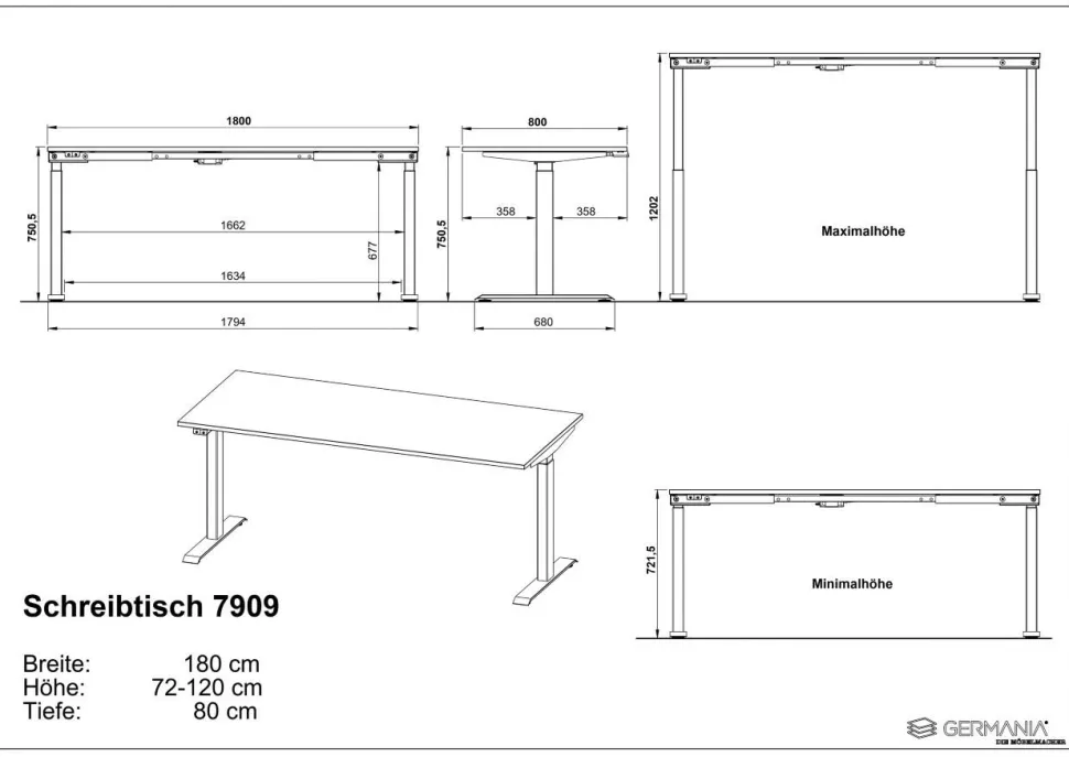 GERMANIA Hoogteverstelbaar Zit-sta-bureau Metaal, spaanplaat Kasjmier, wit T-Voet 1,800 x 800 x 1.200 mm
