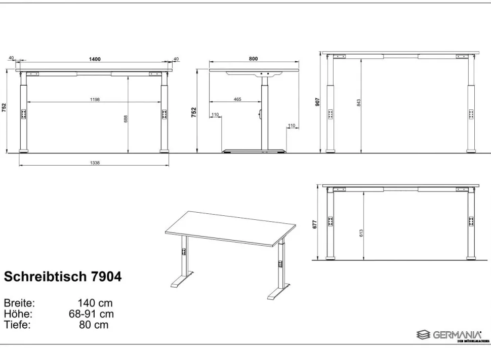 GERMANIA Hoogteverstelbaar Zit-sta-bureau Eiken Metaal, spaanplaat Wit C-Voet 1,400 x 800 x 910 mm