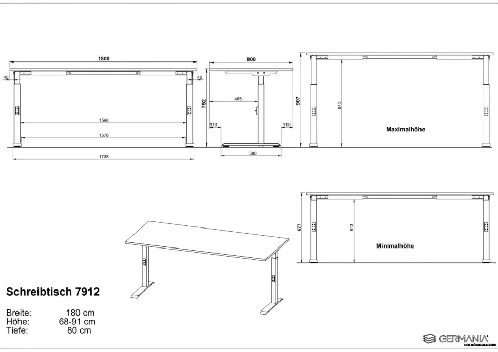 GERMANIA Hoogteverstelbaar Zit-sta-bureau Metaal, spaanplaat Kasjmier, wit C-Voet 1,800 x 800 x 910 mm