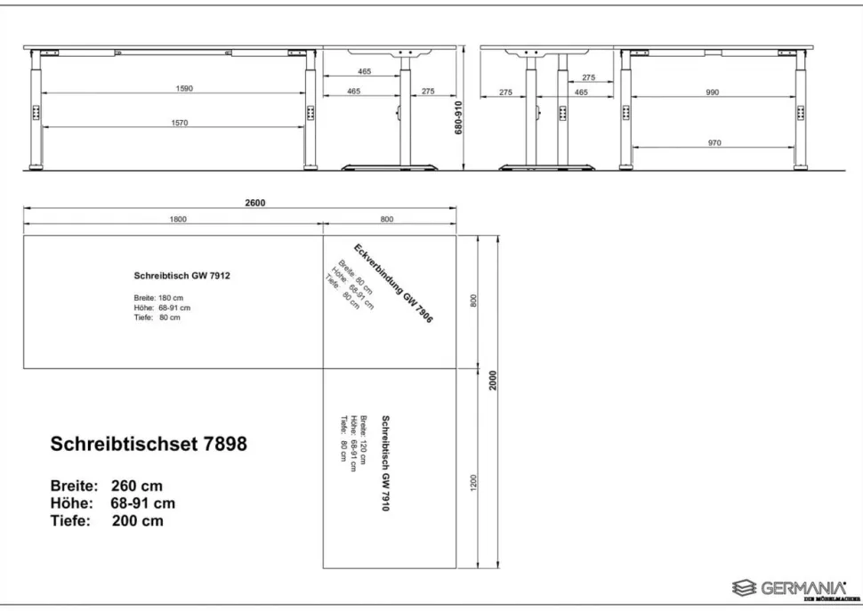 GERMANIA Hoogteverstelbaar Hoekbureau Metaal, spaanplaat Wit C-Voet 2,600 x 2,000 x 910 mm