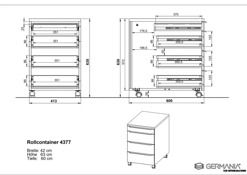 GERMANIA Mobiel ladeblok 4377-547 4 Lades Grafiet 420 x 600 x 630 mm