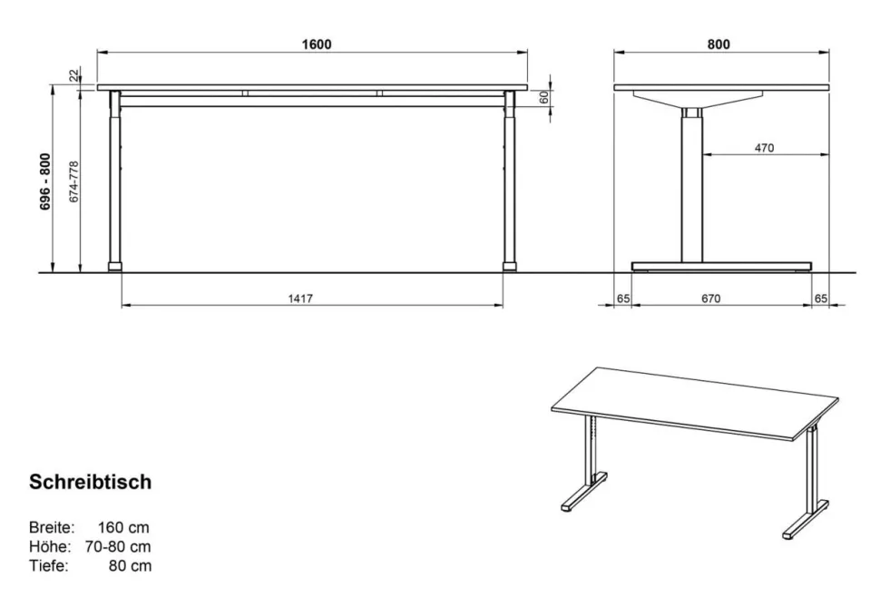 GERMANIA PROFI 2.0 In hoogte verstelbaar Bureau Lichtgrijs 1.600 (B) x 800 (D) x 800 (H) mm