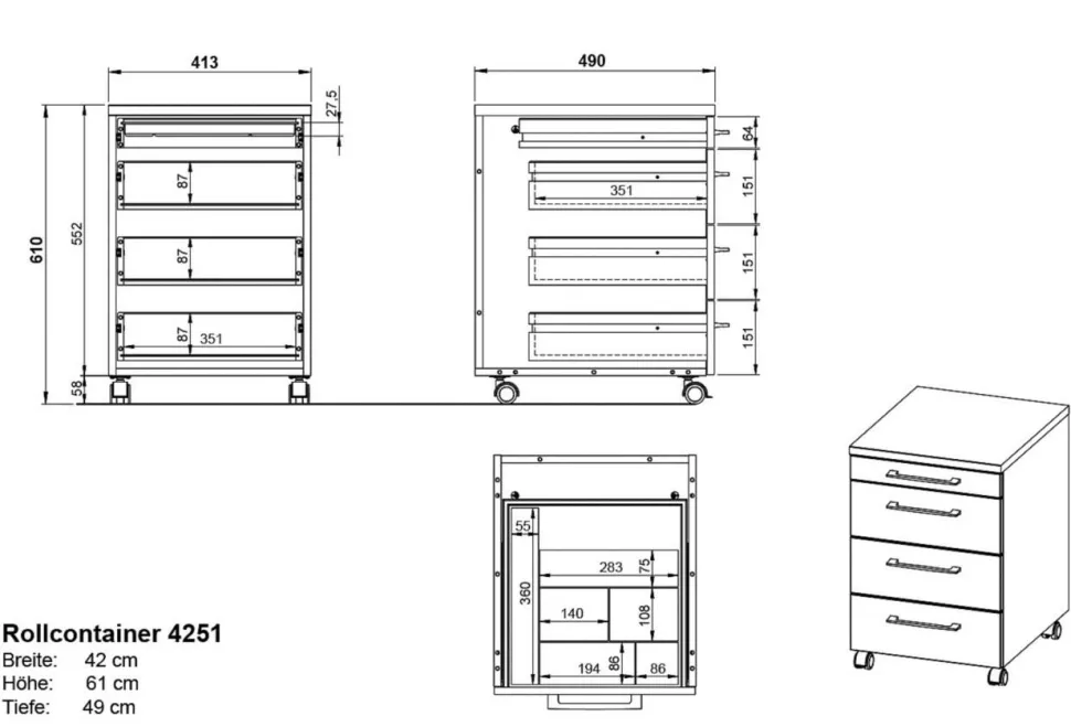GERMANIA PROFI 2.0 Mobiel ladeblok 4 Lades 420 x 490 x 610 mm Eiken