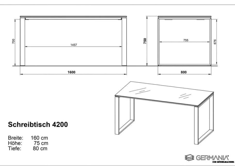GERMANIA thuiskantoorbureau Monteria wit 1.600 x 800 x 750 mm