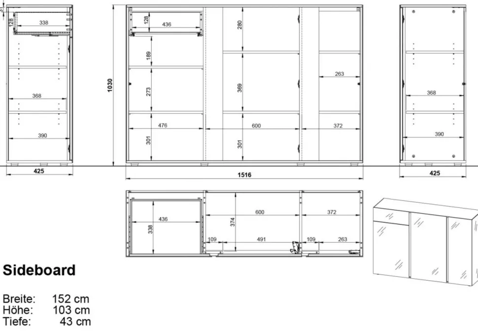 Germania wandkast 2529-575 beige, lichtbruin, eiken 1,520 x 430 x 1,030 mm
