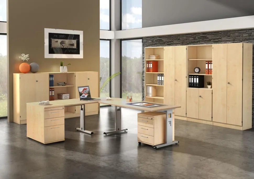 Hammerbacher Kast Gemelamineerde spaanplaat 4 Planken Afsluitbaar 800 x 420 x 2.004 mm Ahorn Bruin