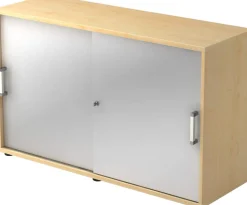 Hammerbacher Schuifdeurkast Spaanplaat 1 Plank Afsluitbaar 1.200 x 400 x 748 mm Ahorn Bruin, zilver