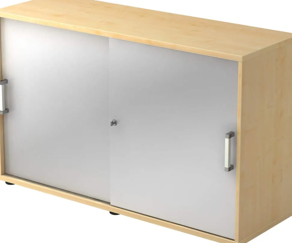 Hammerbacher Schuifdeurkast Spaanplaat 1 Plank Afsluitbaar 1.200 x 400 x 748 mm Ahorn Bruin, zilver
