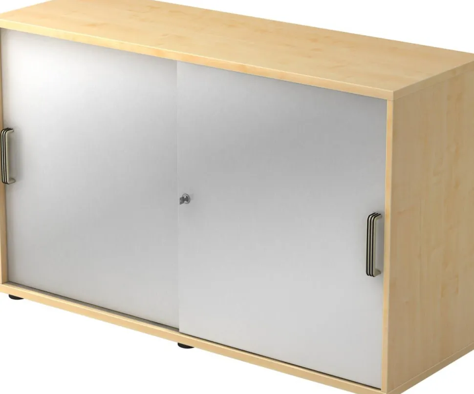 Hammerbacher Schuifdeurkast Spaanplaat 1 Plank Afsluitbaar 1.200 x 400 x 748 mm Ahorn Bruin, zilver