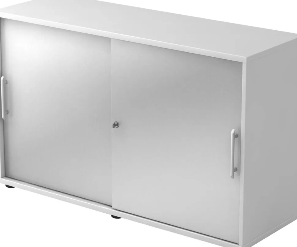 Hammerbacher Schuifdeurkast Spaanplaat 1 Plank Afsluitbaar 1.200 x 400 x 748 mm Wit, zilver