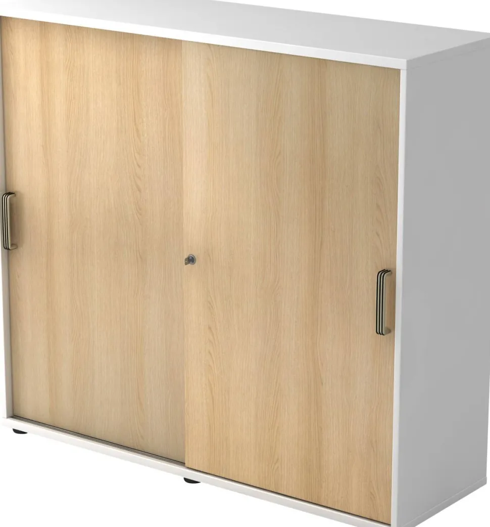 Hammerbacher Schuifdeurkast Spaanplaat 2 Planken Afsluitbaar 1.200 x 400 x 1.100 mm Bruin, wit