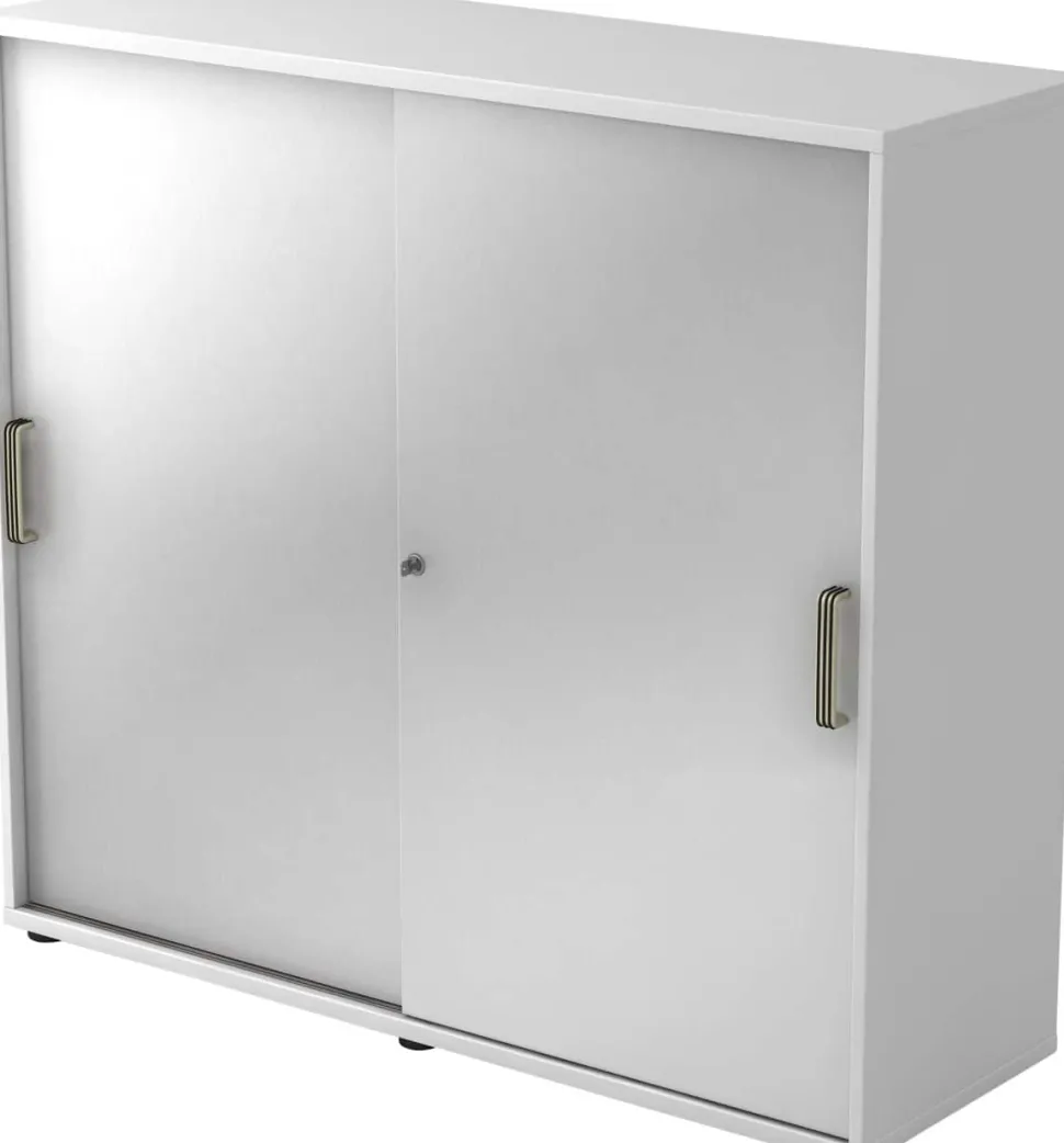 Hammerbacher Schuifdeurkast Spaanplaat 2 Planken Afsluitbaar 1.200 x 400 x 1.100 mm Wit, Zilver