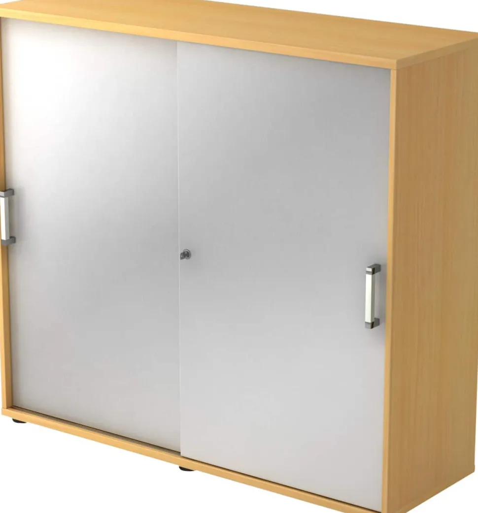Hammerbacher Schuifdeurkast Spaanplaat 2 Planken Afsluitbaar 1.200 x 400 x 1.100 mm Beuken Bruin, zilver