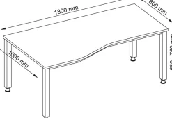 Hammerbacher VQS Hoogteverstelbaar Bureau Vrije vorm Ahorn 4 metalen poten 1.800 (B) x 1.000 (D) x 810 (H) mm Spaanplaat, Staal