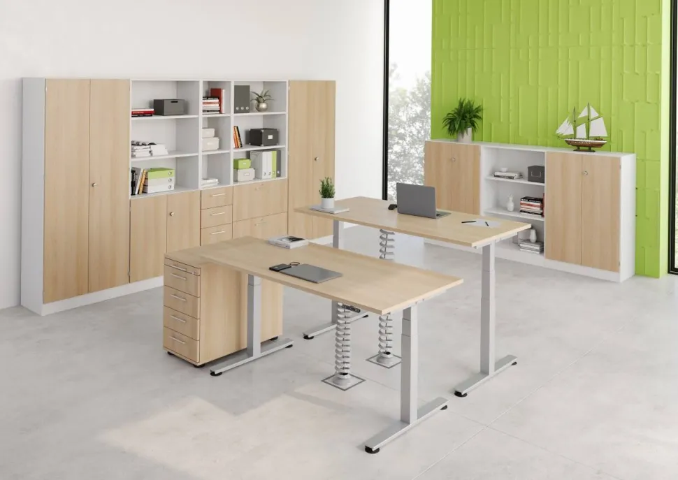Hammerbacher XDSM VXDSM Elektrisch hoogteverstelbaar Zit-sta-bureau Rechthoekig Eiken T-Voet 1,600 (B) x 800 (D) x 1,270 (H) mm Spaanplaat, Staal