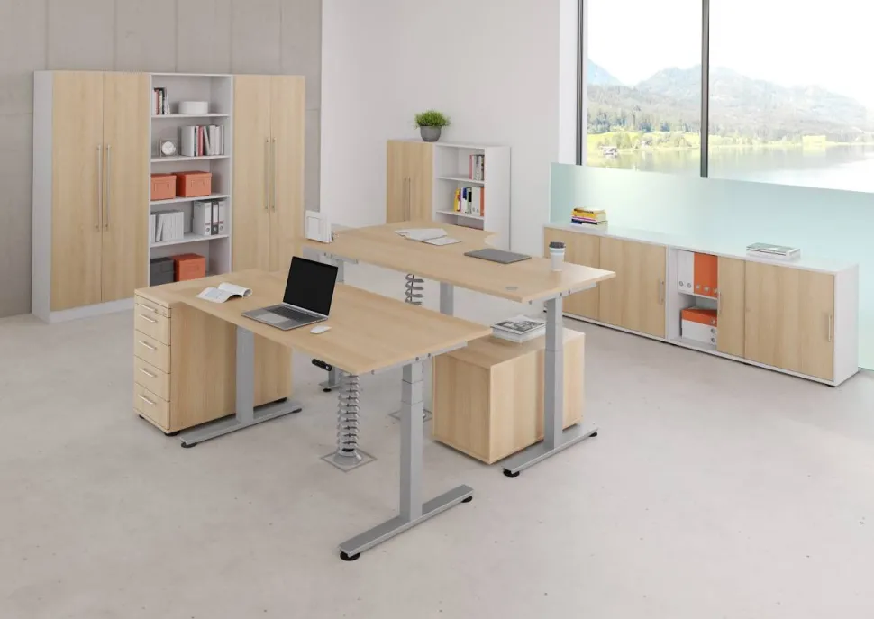 Hammerbacher XDSM VXDSM Elektrisch hoogteverstelbaar Zit-sta-bureau Vrije vorm Eiken T-Voet 2,000 (B) x 1,200 (D) x 1,270 (H) mm Spaanplaat, Staal