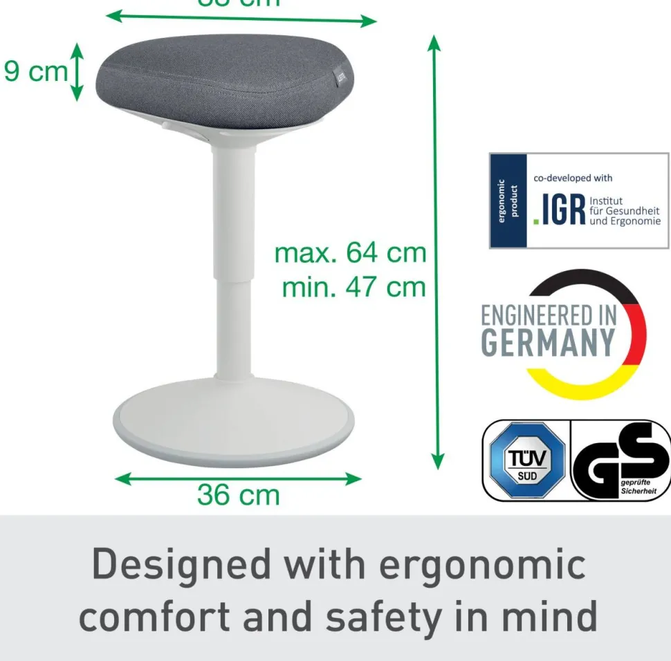 Leitz Ergo Wiebel zitkruk 6544 met verstelbare comfortzitting 47 - 64 cm tot 110 kg lichtgrijs