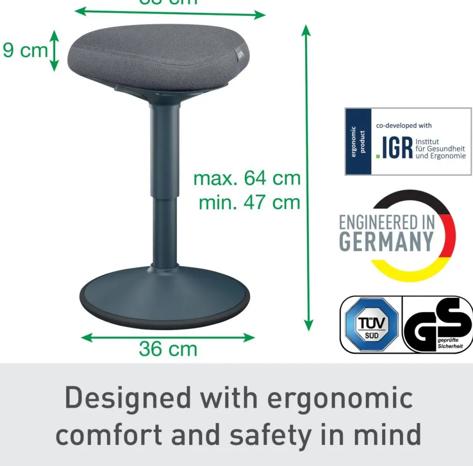 Leitz Ergo Wiebel zitkruk 6544 met verstelbare comfortzitting 47 - 64 cm tot 110 kg donkergrijs