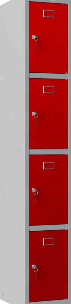Phoenix Personal Lockers Staal Garderobekast 4 Deurs Sleutelslot 300 x 500 x 1,830 mm Grijs, Rood