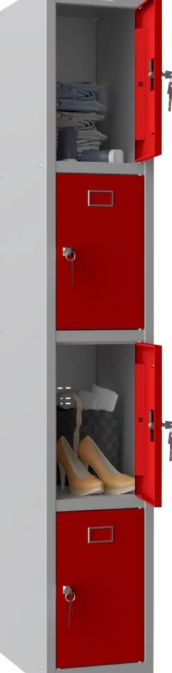 Phoenix Personal Lockers Staal Garderobekast 4 Deurs Sleutelslot 300 x 500 x 1,830 mm Grijs, Rood