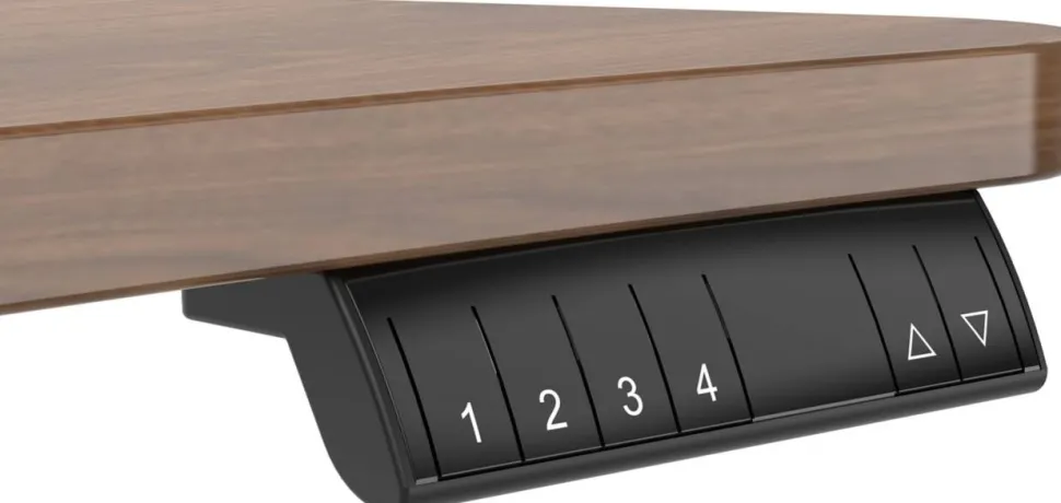 Viking Elektrisch hoogteverstelbaar Zit-sta-bureau Trapeziumvormig Walnoot H-Frame 600 (B) x 800 (D) mm Hout, metaal