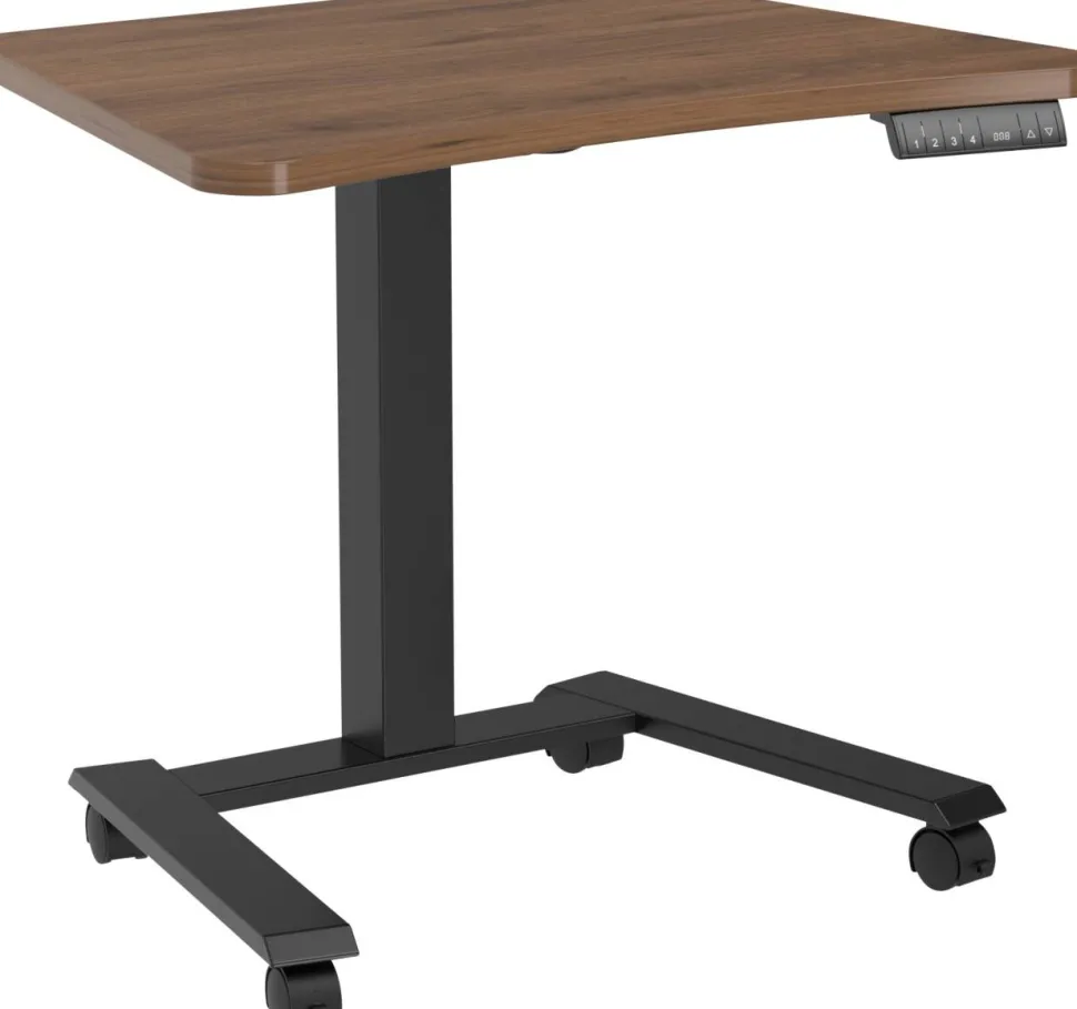 Viking Elektrisch hoogteverstelbaar Zit-sta-bureau Trapeziumvormig Walnoot H-Frame 600 (B) x 800 (D) mm Hout, metaal