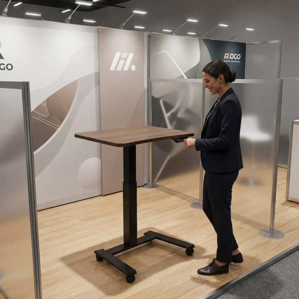 Viking Elektrisch hoogteverstelbaar Zit-sta-bureau Trapeziumvormig Walnoot H-Frame 600 (B) x 800 (D) mm Hout, metaal