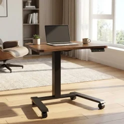 Viking Elektrisch hoogteverstelbaar Zit-sta-bureau Trapeziumvormig Walnoot H-Frame 600 (B) x 800 (D) mm Hout, metaal