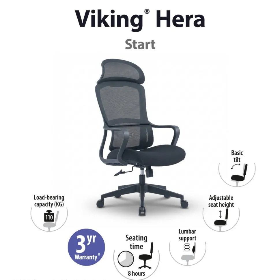Viking Hera Bureaustoel Basismechanisme Vaste armleuning In hoogte verstelbare zitting Zwart 110 kg CH-519A 600 x 645 x 1.280 mm
