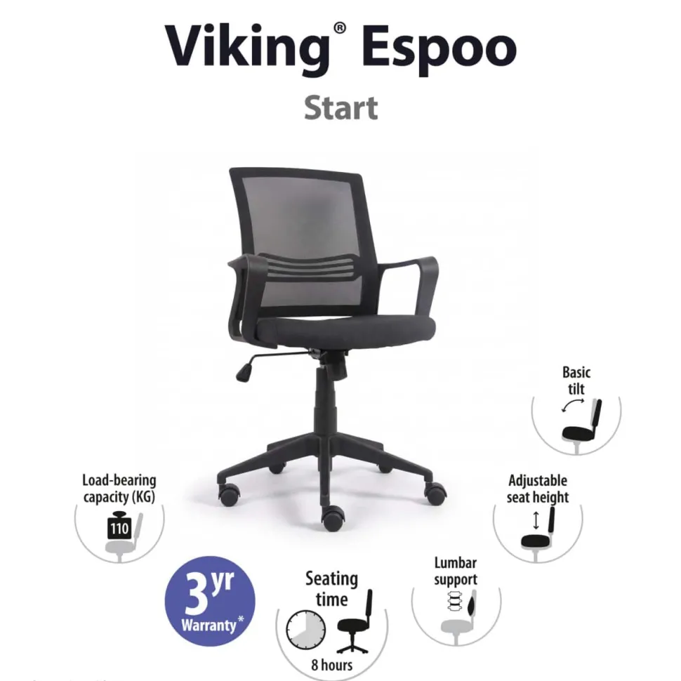 Viking Realspace Espoo Bureaustoel Basismechanisme Mesh, stof Vaste armleuning In hoogte verstelbare zitting Zwart 110 kg