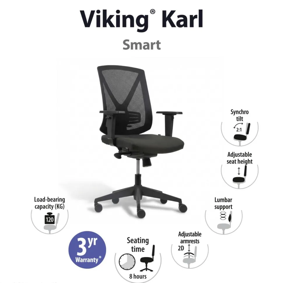 Viking Realspace Karl Bureaustoel Synchroonmechanisme Mesh In hoogte verstelbare armleuning In hoogte verstelbare zitting Zwart 120 kg 640 x 695 mm