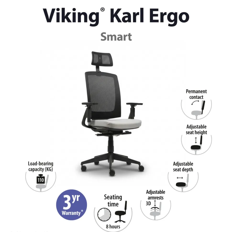 Viking Realspace Karl Ergo Bureaustoel Permanent contact Mesh, stof 3D armleuning In hoogte verstelbare zitting Grijs, zwart 110 kg 9115109BE