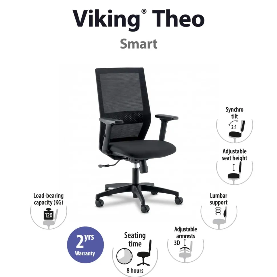 Viking Realspace Theo Bureaustoel Synchroonmechanisme Mesh 3D armleuning In hoogte verstelbare zitting Zwart 120 kg