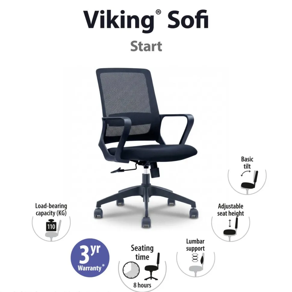 Viking Sofi Bureaustoel Basismechanisme Vaste armleuning In hoogte verstelbare zitting Zwart 110 kg CH-385 585 x 460 x 1.010 mm