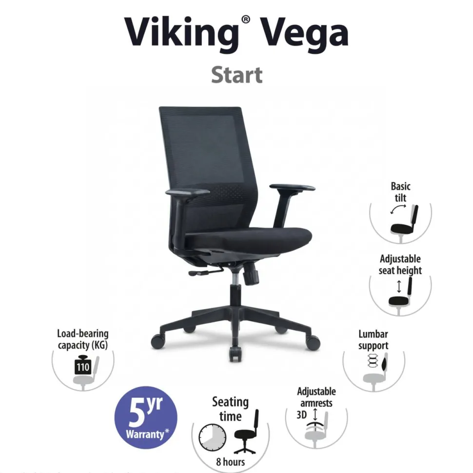 Viking Vega Bureaustoel Basismechanisme 3D armleuning In hoogte verstelbare zitting Zwart 110 kg CH-240B-WB 675 x 570 x 1.065 mm
