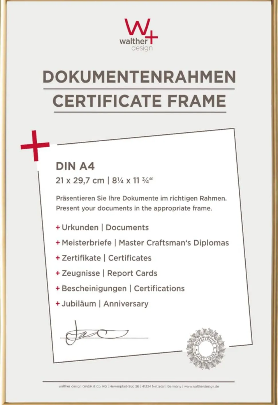 walther design A4 Fotolijst Goud KG130H 22,1 (B) x 1,9 (D) x 30,8 (H) cm KG130H